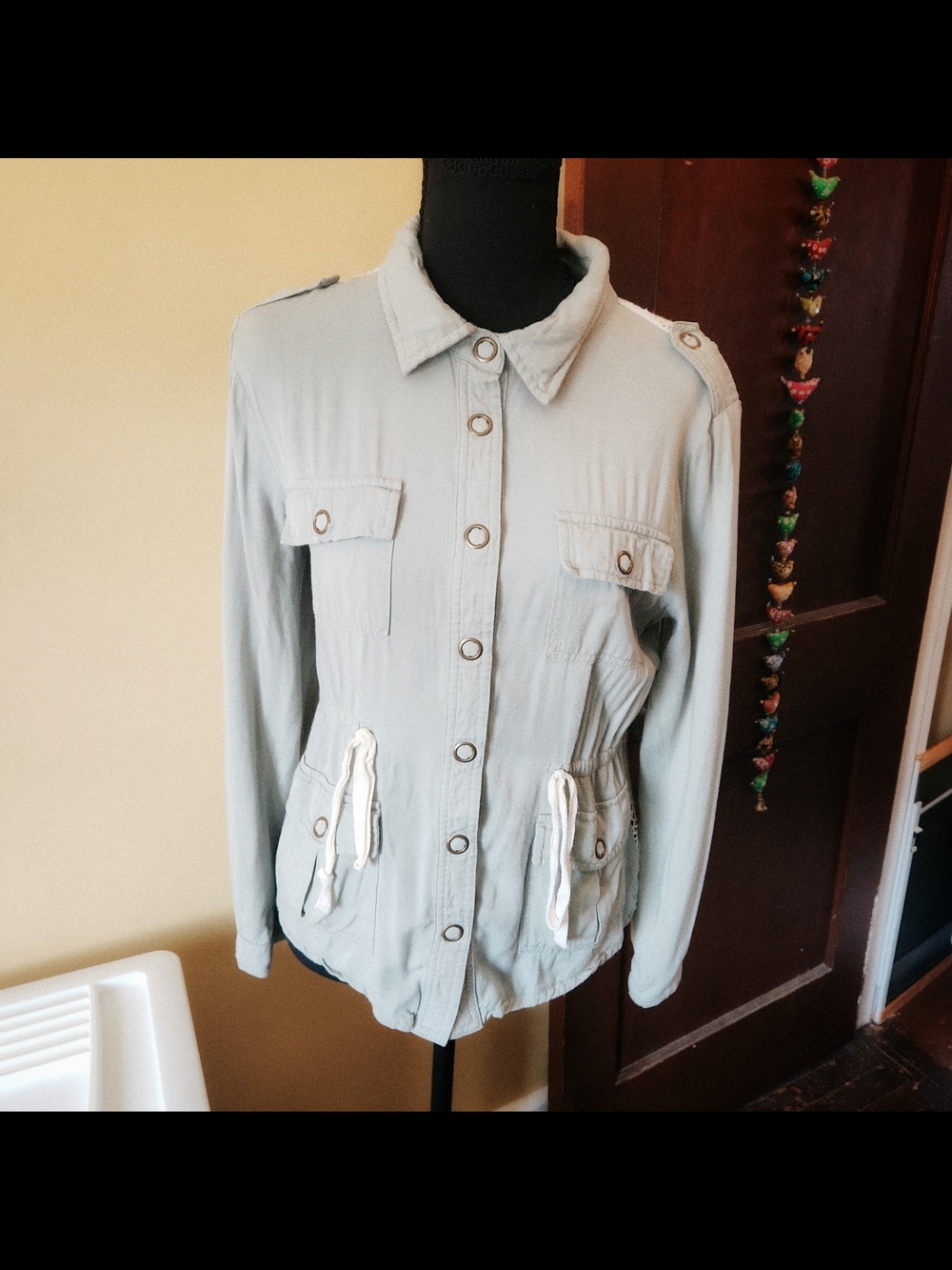 Jealous Tomato Light Green Utility Jacket with Drawstring Waist And Crochet Back